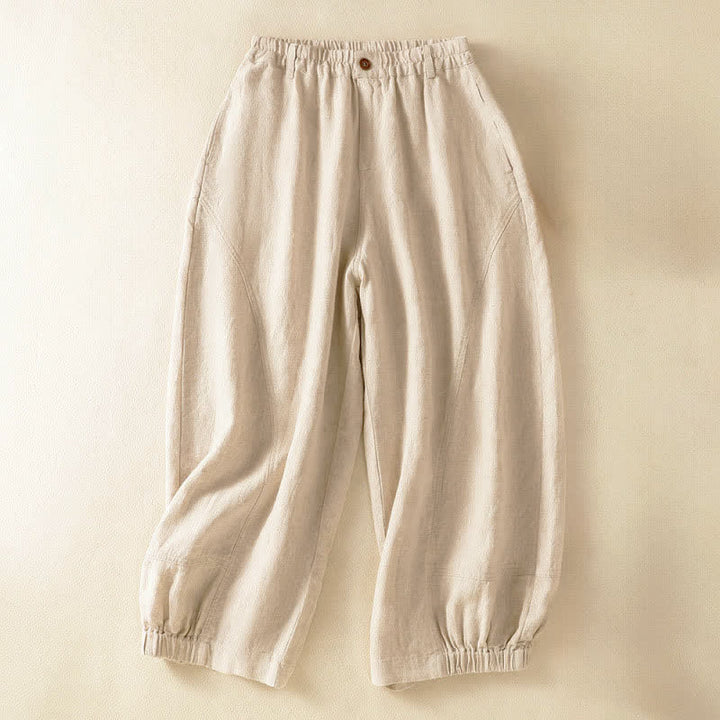 Buddha Stones Pantalon harem court uni décontracté d'été pour femme, taille élastique, avec poches - Lin - US8-10，UK/AU12-14，EU40-42 (2XL) - image 0