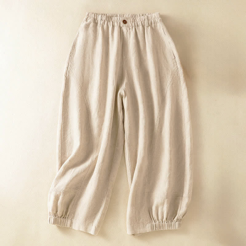 Buddha Stones Pantalon harem court uni décontracté d'été pour femme, taille élastique, avec poches - Lin - US8-10，UK/AU12-14，EU40-42 (2XL) - image 0