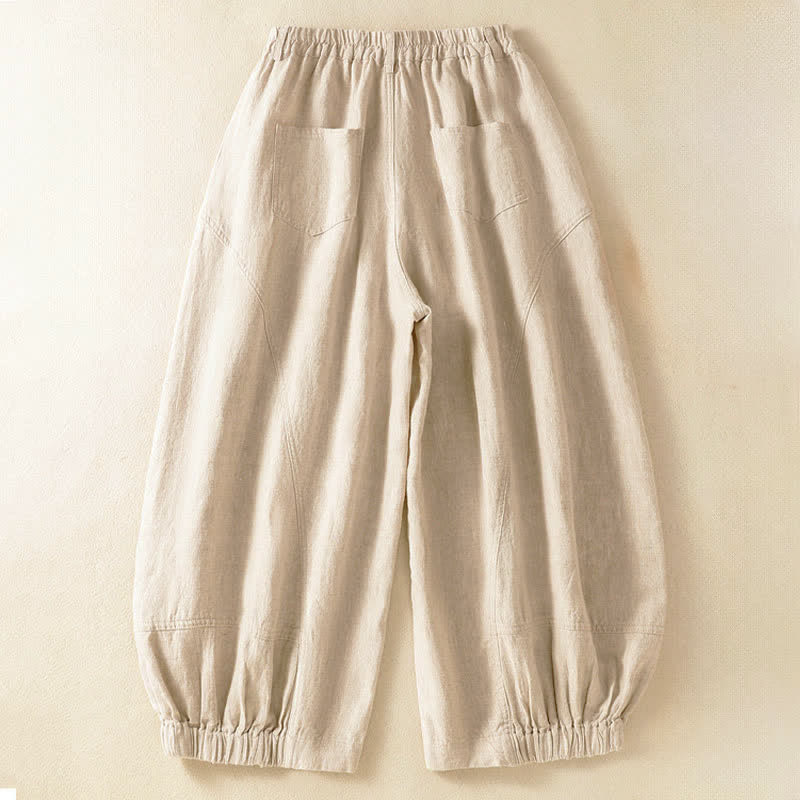 Buddha Stones Pantalon harem court uni décontracté d'été pour femme, taille élastique, avec poches - image 1