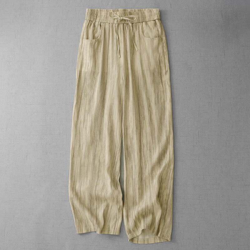 Buddha Stones Pantalon d'été décontracté à rayures avec cordon de serrage et taille élastique pour femme, jambes droites et poches - Blé - US12，UK/AU16，EU44 (3XL) - image 5