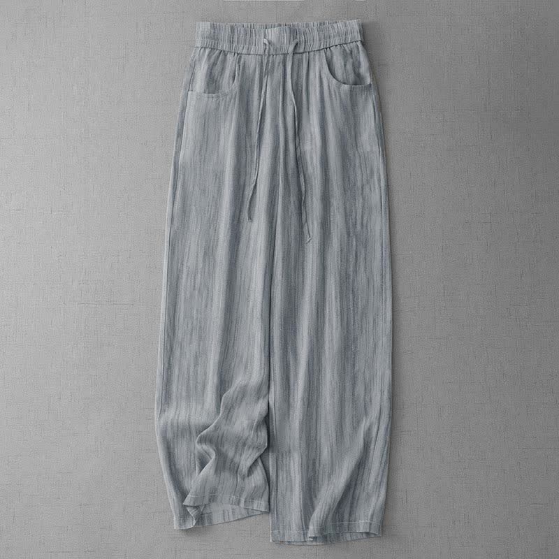 Buddha Stones Pantalon d'été décontracté à rayures avec cordon de serrage et taille élastique pour femme, jambes droites et poches - Gris clair - US12，UK/AU16，EU44 (3XL) - image 0