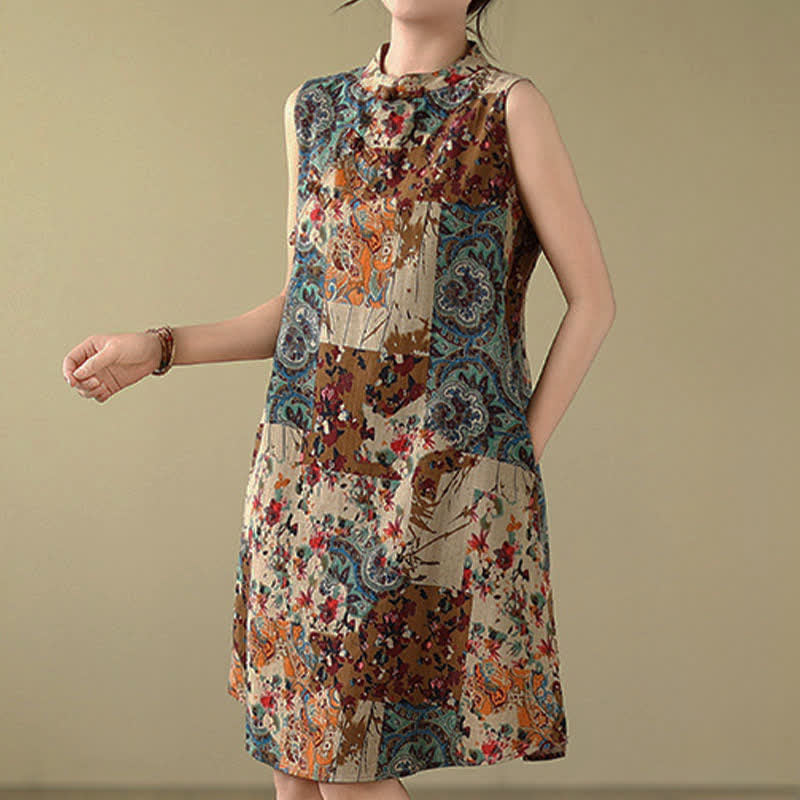 Buddha Stones Robe d'été sans manches à motif cachemire et fleurs pour femme, avec poches - image 2
