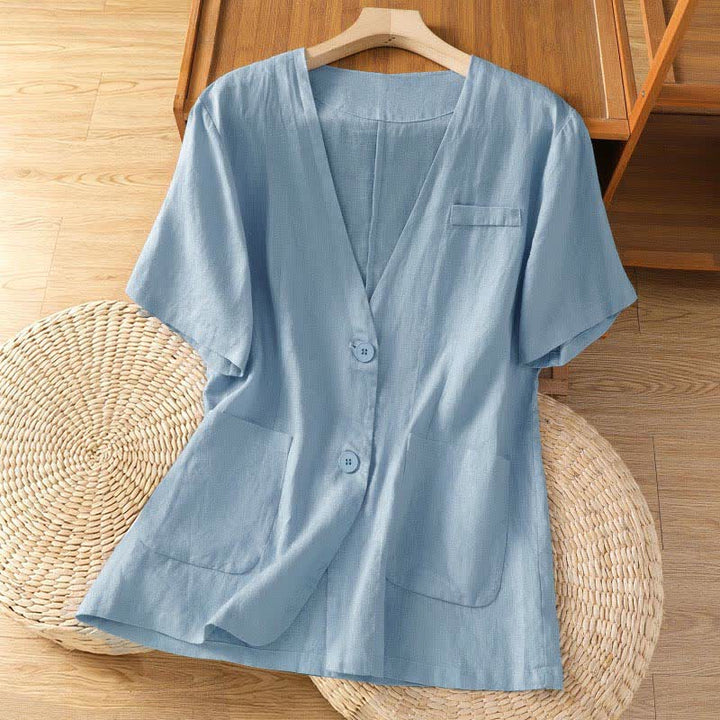 Buddha Stones Chemises d'été décontractées à manches courtes pour femmes, col en V, boutonnées, unies et avec poches - Bleu acier clair - US8-10，UK/AU12-14，EU40-42 (2XL) - image 9