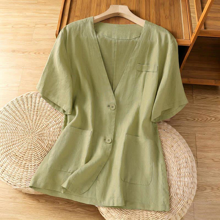 Buddha Stones Chemises d'été décontractées à manches courtes pour femmes, col en V, boutonnées, unies et avec poches - Vert pâle - US8-10，UK/AU12-14，EU40-42 (2XL) - image 0