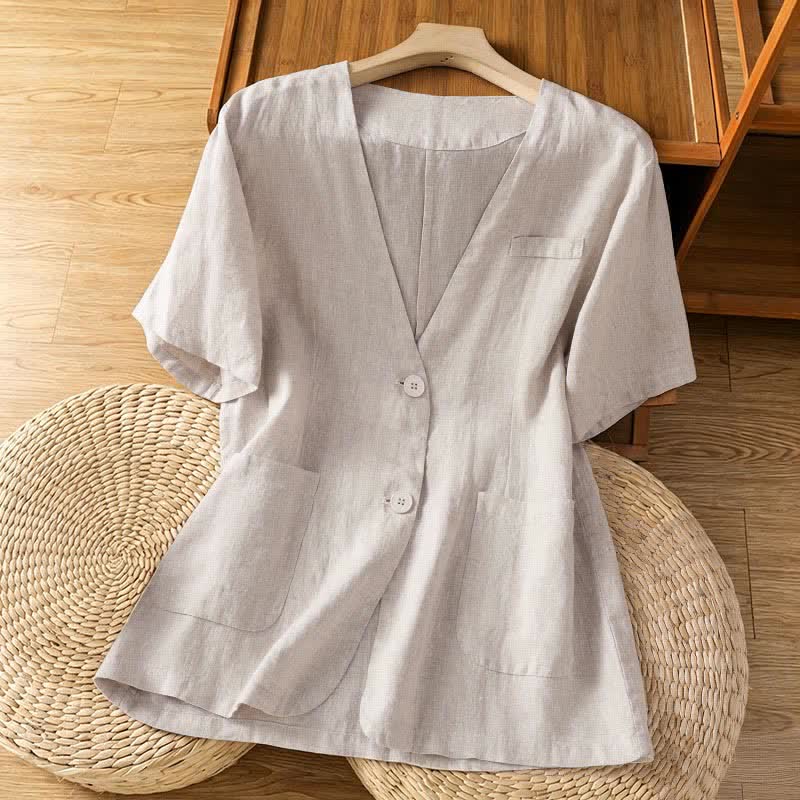 Buddha Stones Chemises d'été décontractées à manches courtes pour femmes, col en V, boutonnées, unies et avec poches - Beige - US8-10，UK/AU12-14，EU40-42 (2XL) - image 17