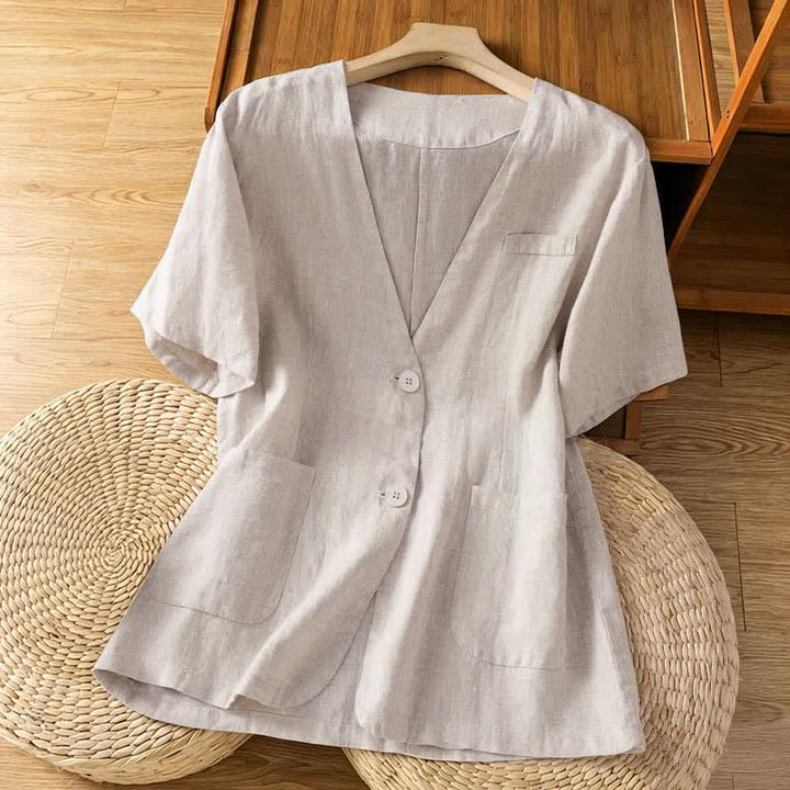 Buddha Stones Chemises d'été décontractées à manches courtes pour femmes, col en V, boutonnées, unies et avec poches - Beige - US8-10，UK/AU12-14，EU40-42 (2XL) - image 17