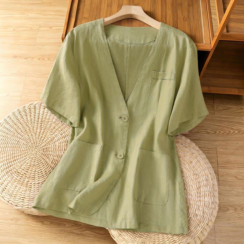 Buddha Stones Chemises d'été décontractées à manches courtes pour femmes, col en V, boutonnées, unies et avec poches - Vert pâle - US8-10，UK/AU12-14，EU40-42 (2XL) - image 0