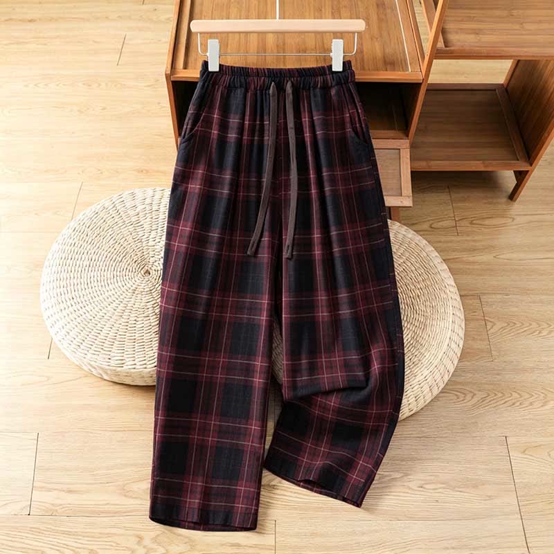 Buddha Stones Pantalon harem court à cordon de serrage et taille élastique, motif à carreaux, style décontracté printanier, avec poches - image 12