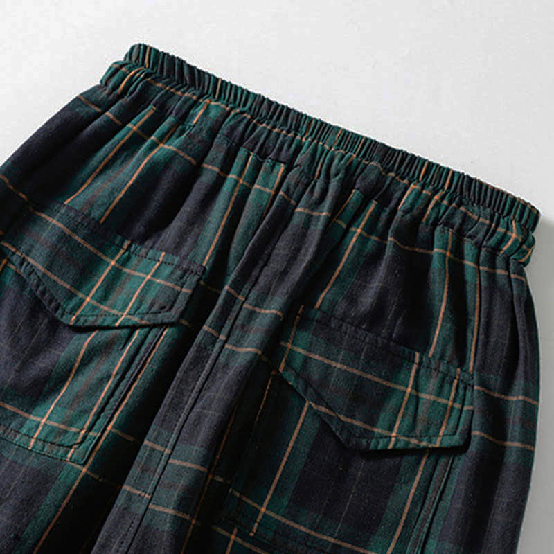 Buddha Stones Pantalon harem court à cordon de serrage et taille élastique, motif à carreaux, style décontracté printanier, avec poches - image 7