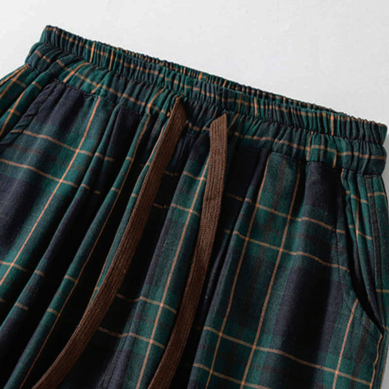 Buddha Stones Pantalon harem court à cordon de serrage et taille élastique, motif à carreaux, style décontracté printanier, avec poches - image 3