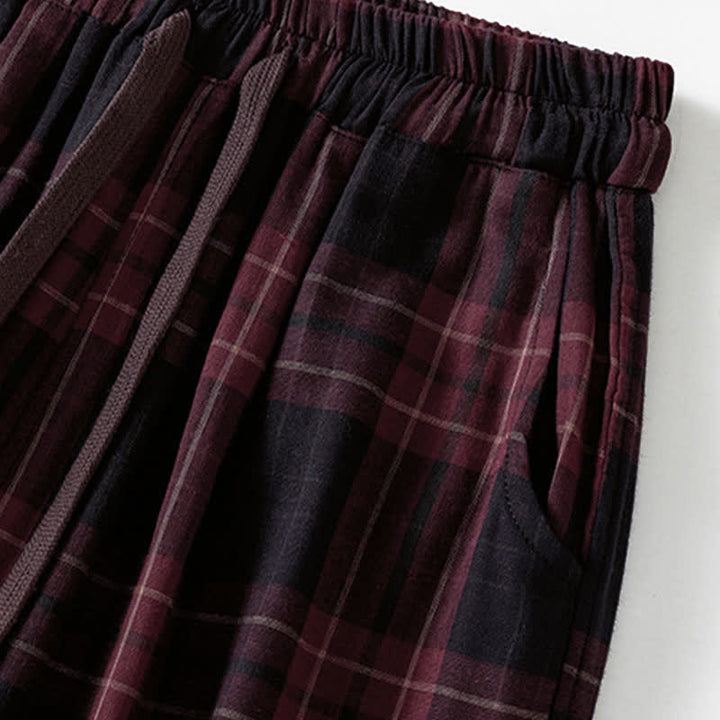 Buddha Stones Pantalon harem court à cordon de serrage et taille élastique, motif à carreaux, style décontracté printanier, avec poches - image 14