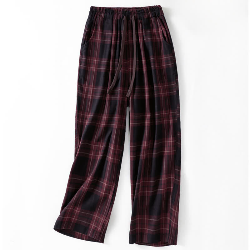 Buddha Stones Pantalon harem court à cordon de serrage et taille élastique, motif à carreaux, style décontracté printanier, avec poches - Rouge foncé - US12，UK/AU16，EU44 (2XL) - image 10