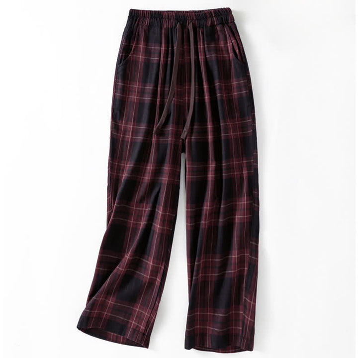 Buddha Stones Pantalon harem court à cordon de serrage et taille élastique, motif à carreaux, style décontracté printanier, avec poches - Rouge foncé - US12，UK/AU16，EU44 (2XL) - image 10