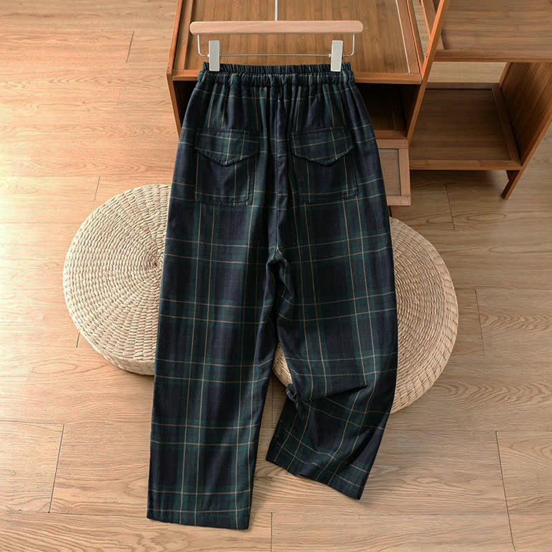 Buddha Stones Pantalon harem court à cordon de serrage et taille élastique, motif à carreaux, style décontracté printanier, avec poches - image 2