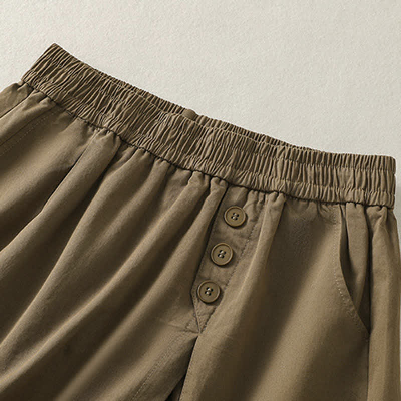 Buddha Stones Short d'été décontracté pour femme, uni, à boutons décoratifs et poches - image 2