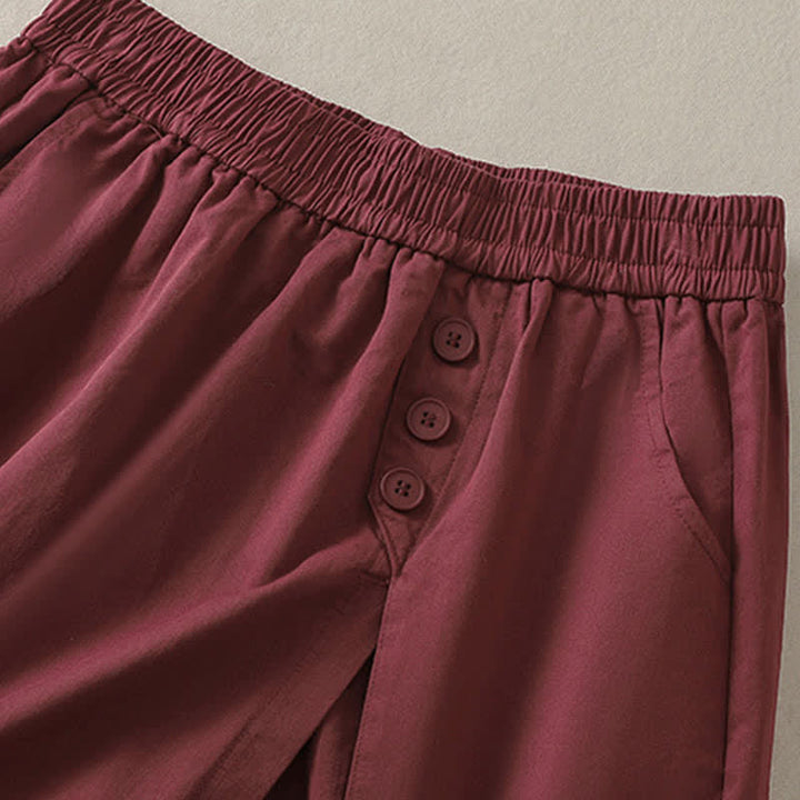 Buddha Stones Short d'été décontracté pour femme, uni, à boutons décoratifs et poches - image 13