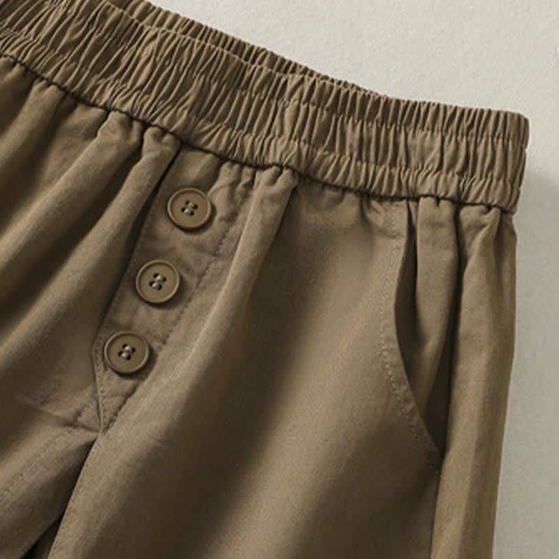 Buddha Stones Short d'été décontracté pour femme, uni, à boutons décoratifs et poches - image 4