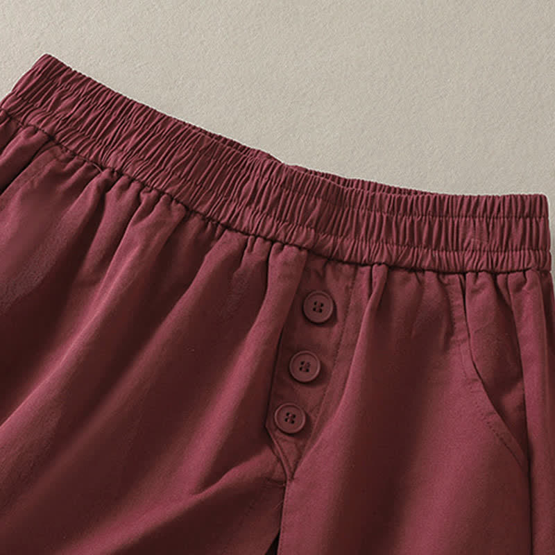 Buddha Stones Short d'été décontracté pour femme, uni, à boutons décoratifs et poches - image 12