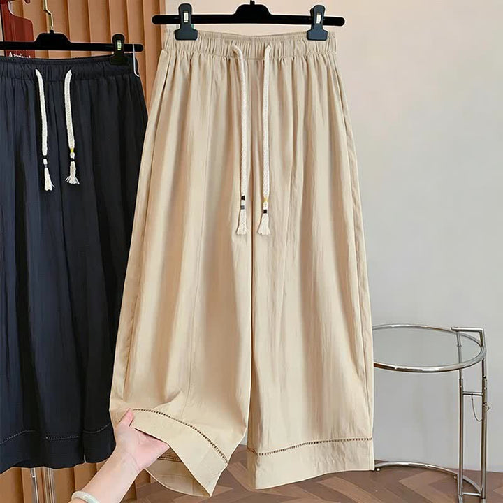 Buddha Stones Pantalon large court à cordon de serrage, coupe décontractée printemps-été, avec poches - Kaki - US12, UK/AU16, EU44 (2XL) - image 0