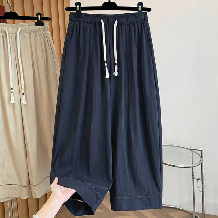 Buddha Stones Pantalon large court à cordon de serrage, coupe décontractée printemps-été, avec poches - Bleu nuit - US12, UK/AU16, EU44 (2XL) - image 11