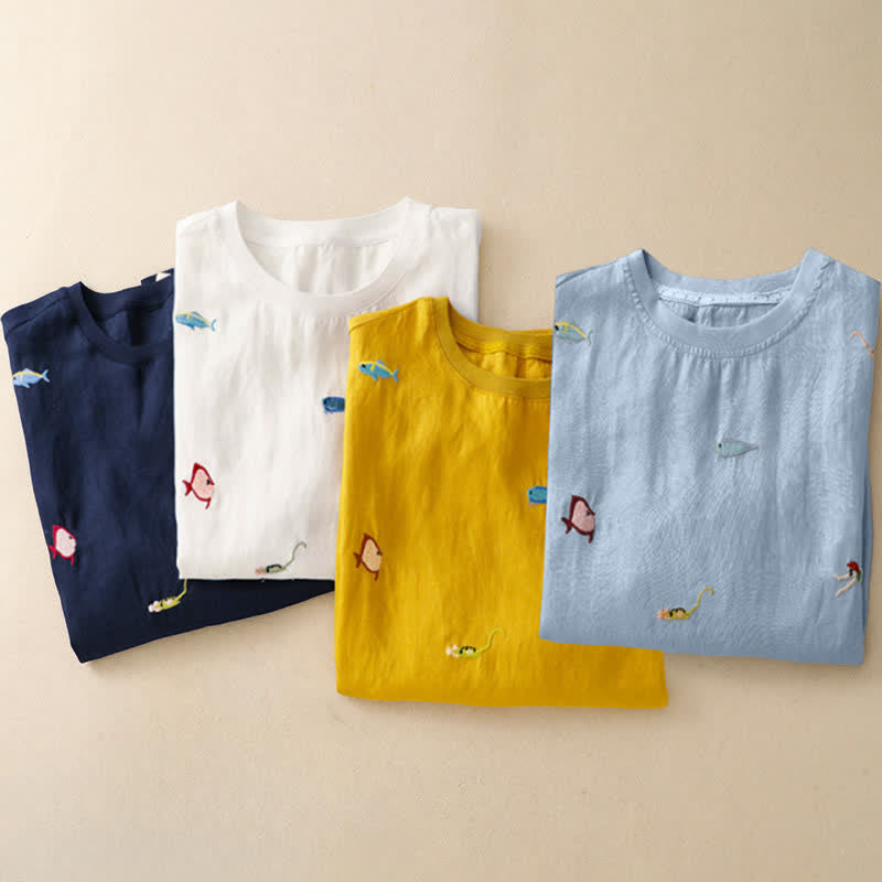 Buddha Stones T-shirts à manches courtes pour femmes, style été décontracté, avec broderie à motif de poisson - image 29