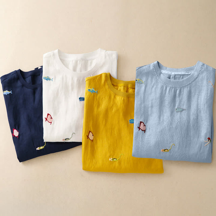 Buddha Stones T-shirts à manches courtes pour femmes, style été décontracté, avec broderie à motif de poisson - image 29