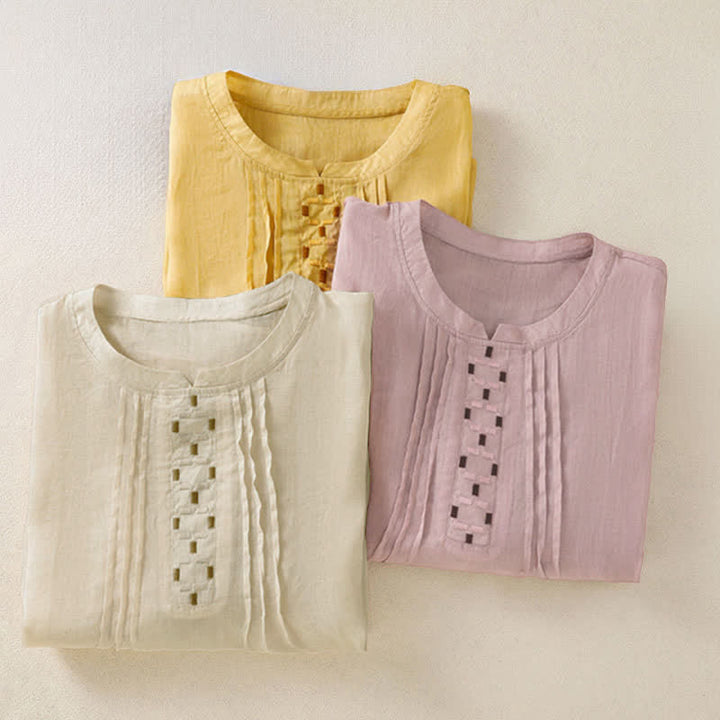Buddha Stones T-shirts d'été décontractés pour femmes, à manches courtes, brodés, plissés sur le devant - image 23