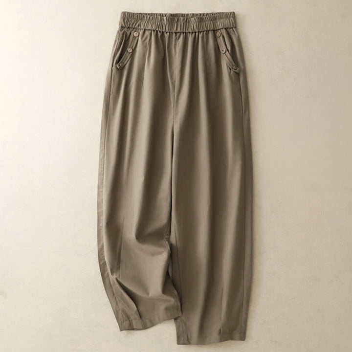 Buddha Stones Pantalon sarouel court uni à boutons décoratifs, style printemps-été décontracté, avec poches. - Vert olive - US12, UK/AU16, EU44 (2XL) - image 10