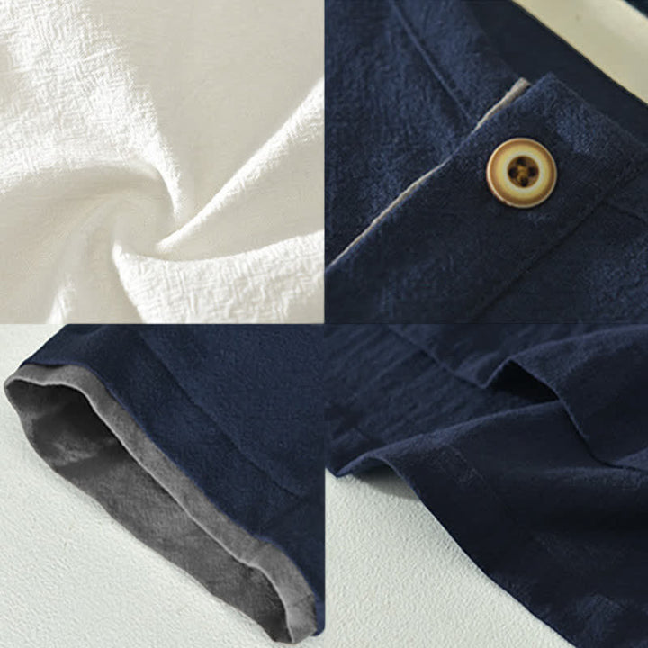 Buddha Stones Chemises d'été minimalistes décontractées à deux boutons pour hommes, en coton et lin unis, manches courtes. - image 16