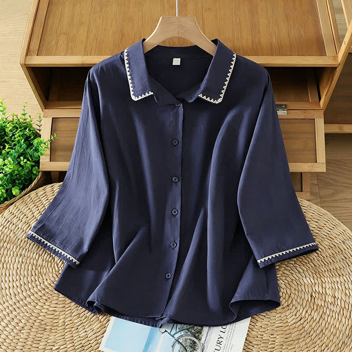Buddha Stones Chemises d'été décontractées minimalistes à manches courtes pour femmes, à boutons, à rayures ondulées, unies - Bleu nuit - US8-10, UK/AU12-14, EU40-42 (2XL) - image 0