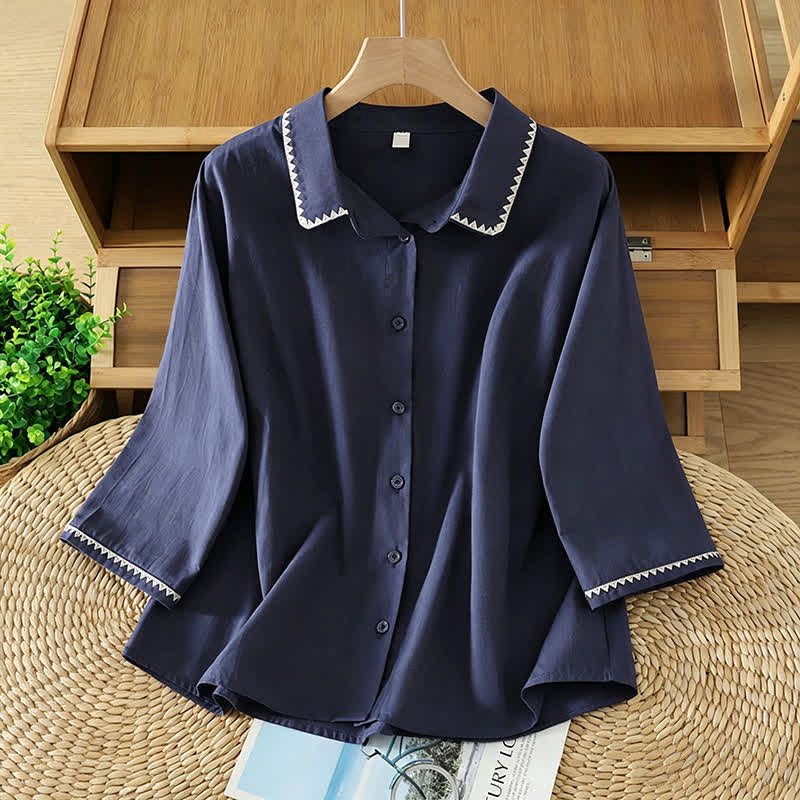 Buddha Stones Chemises d'été décontractées minimalistes à manches courtes pour femmes, à boutons, à rayures ondulées, unies - Bleu nuit - US8-10, UK/AU12-14, EU40-42 (2XL) - image 0