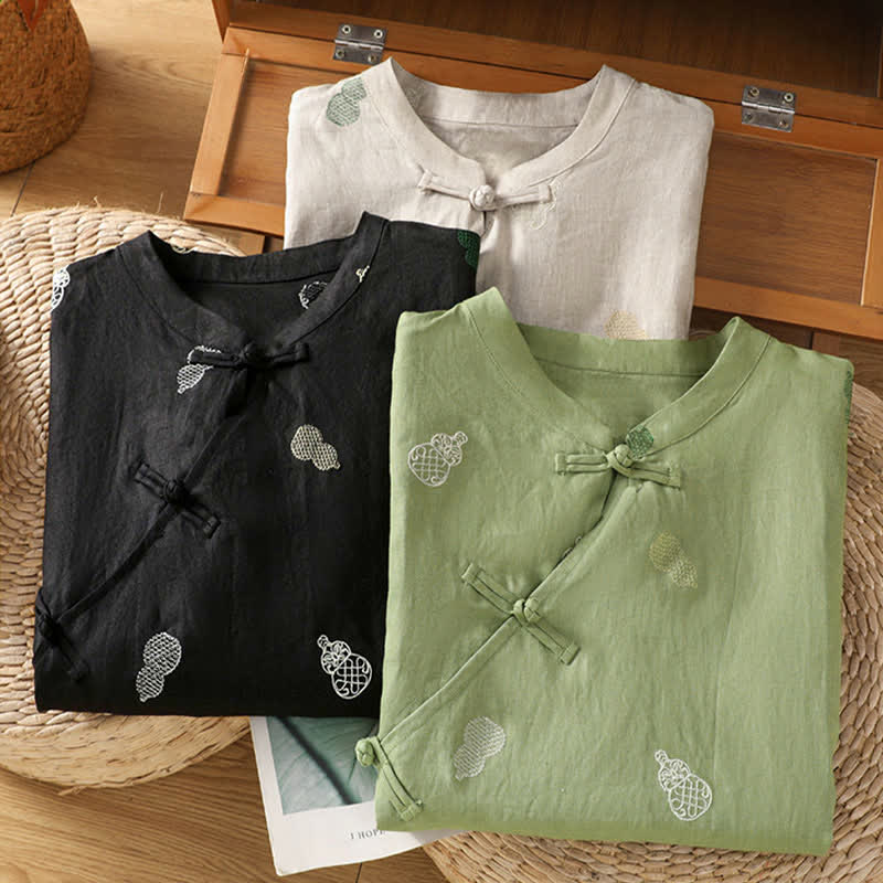 Buddha Stones Chemises à manches courtes pour femmes, style Tang, col mandarin, bouton brandebourg et broderie de calebasse - image 20