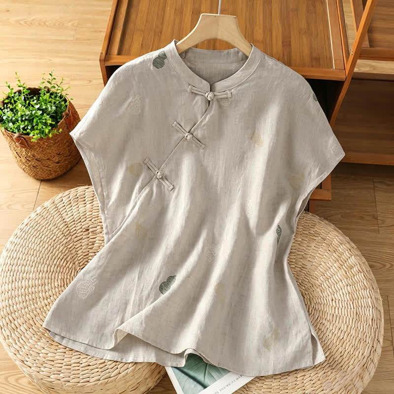 Buddha Stones Chemises à manches courtes pour femmes, style Tang, col mandarin, bouton brandebourg et broderie de calebasse - Lin - US12, UK/AU16, EU44 (2XL) - image 12