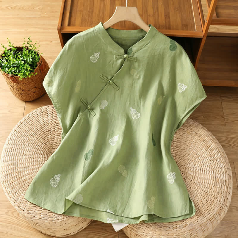 Buddha Stones Chemises à manches courtes pour femmes, style Tang, col mandarin, bouton brandebourg et broderie de calebasse - Vert foncé - US12, UK/AU16, EU44 (2XL) - image 0