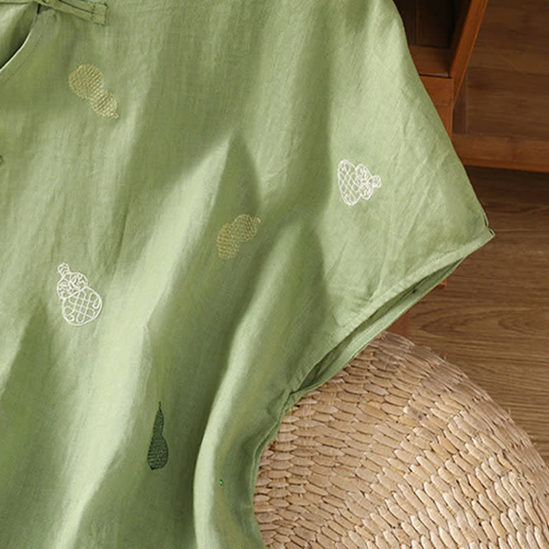 Buddha Stones Chemises à manches courtes pour femmes, style Tang, col mandarin, bouton brandebourg et broderie de calebasse - image 3