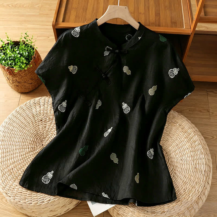 Buddha Stones Chemises à manches courtes pour femmes, style Tang, col mandarin, bouton brandebourg et broderie de calebasse - Noir - US12, UK/AU16, EU44 (2XL) - image 7