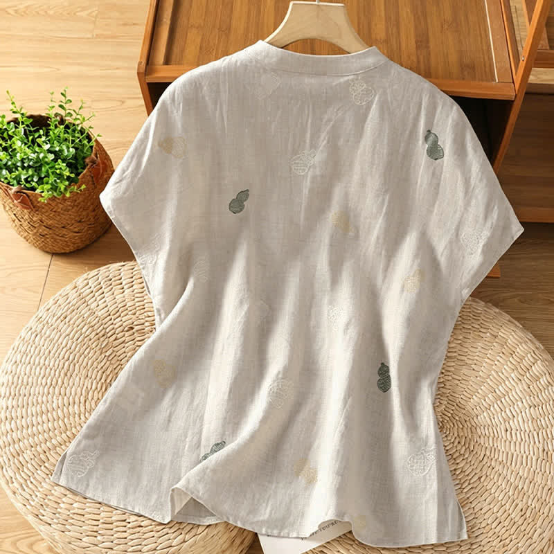 Buddha Stones Chemises à manches courtes pour femmes, style Tang, col mandarin, bouton brandebourg et broderie de calebasse - image 13
