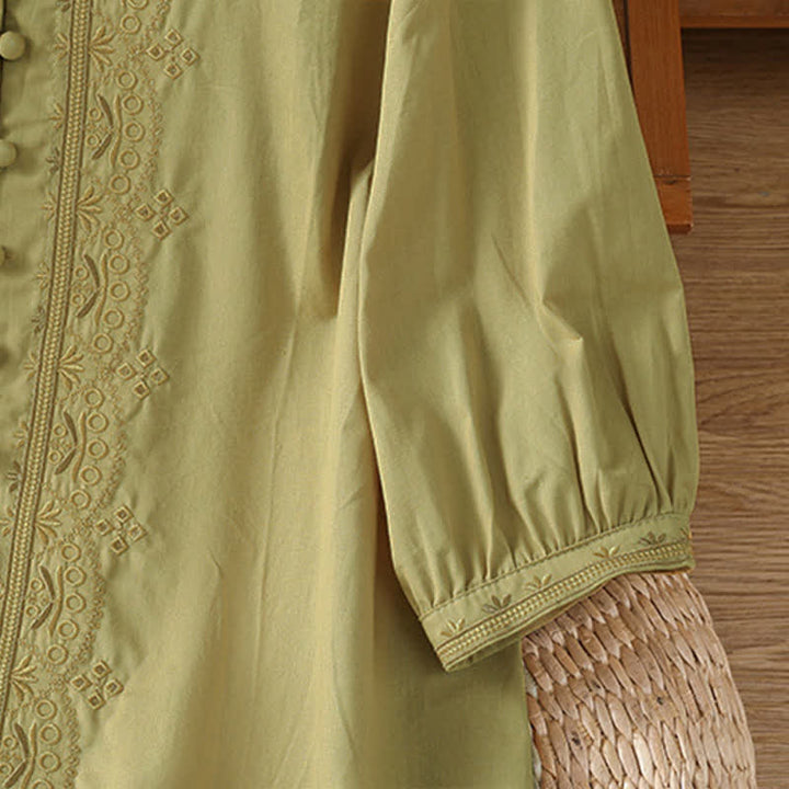 Buddha Stones Chemises à manches courtes boutonnées pour femmes, style vintage estival, à broderie géométrique unie - image 17