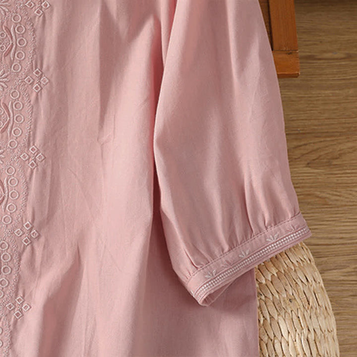 Buddha Stones Chemises à manches courtes boutonnées pour femmes, style vintage estival, à broderie géométrique unie - image 29