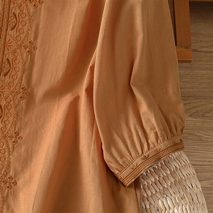 Buddha Stones Chemises à manches courtes boutonnées pour femmes, style vintage estival, à broderie géométrique unie - image 23