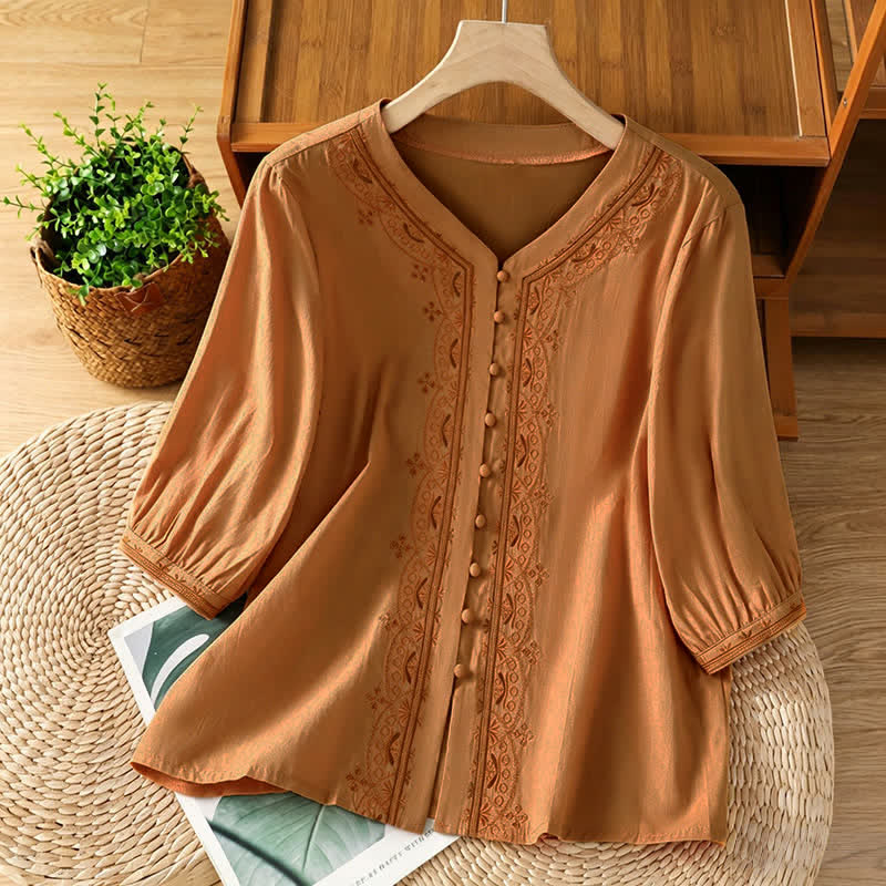 Buddha Stones Chemises à manches courtes boutonnées pour femmes, style vintage estival, à broderie géométrique unie - Orange - US8-10, UK/AU12-14, EU40-42 (2XL) - image 19
