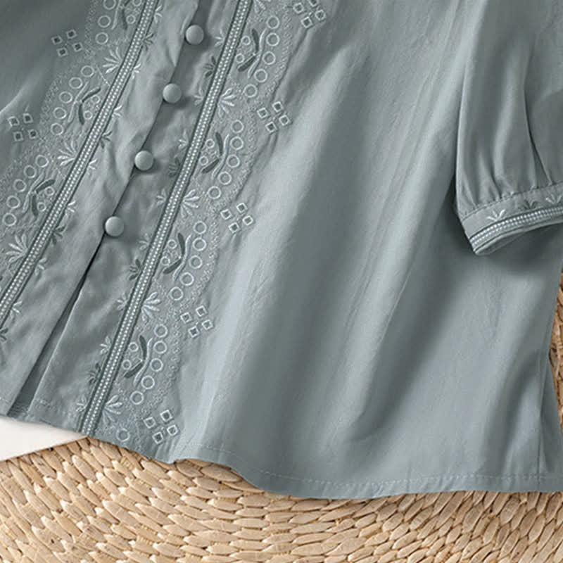 Buddha Stones Chemises à manches courtes boutonnées pour femmes, style vintage estival, à broderie géométrique unie - image 10