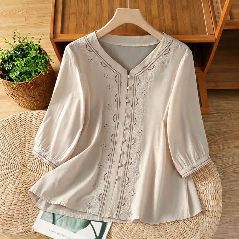 Buddha Stones Chemises à manches courtes boutonnées pour femmes, style vintage estival, à broderie géométrique unie - Blanc antique - US8-10, UK/AU12-14, EU40-42 (2XL) - image 0