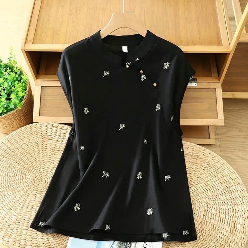 Buddha Stones Débardeur d'été vintage à col mandarin et broderie florale pour femme - Noir - US12, UK/AU16, EU44 (2XL) - image 0