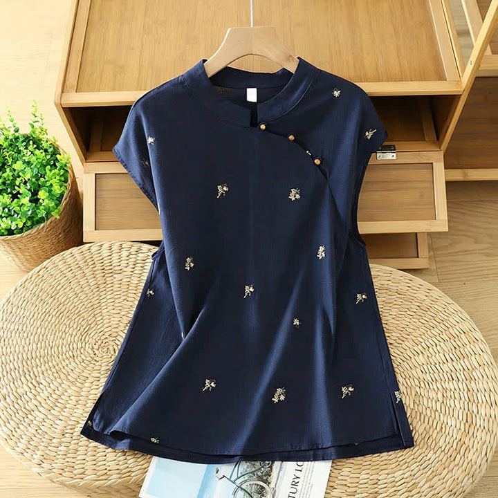 Buddha Stones Débardeur d'été vintage à col mandarin et broderie florale pour femme - Bleu nuit - US12, UK/AU16, EU44 (2XL) - image 6