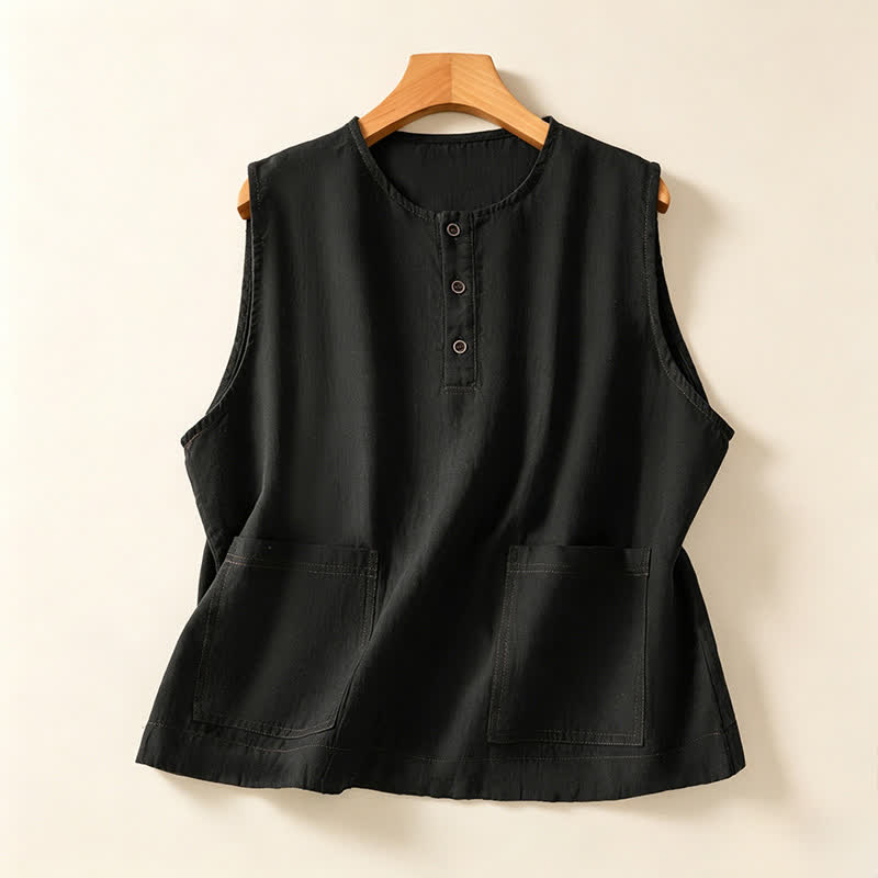 Buddha Stones Débardeur d'été minimaliste et décontracté pour femme, à boutons, uni, sans manches et avec poche plaquée - Noir - US12, UK/AU16, EU44 (2XL) - image 7