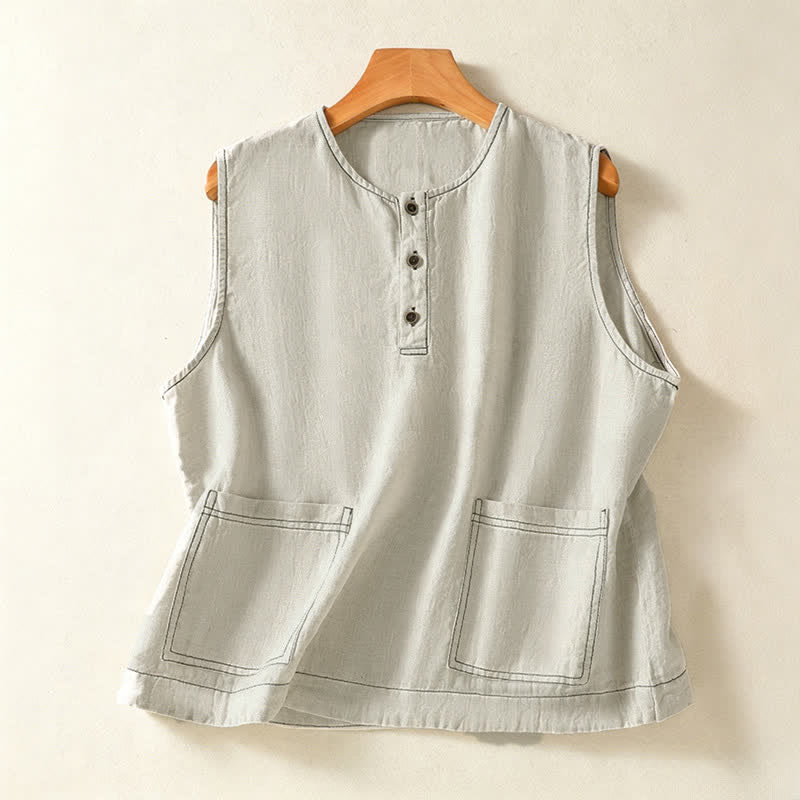 Buddha Stones Débardeur d'été minimaliste et décontracté pour femme, à boutons, uni, sans manches et avec poche plaquée - Beige - US12, UK/AU16, EU44 (2XL) - image 0