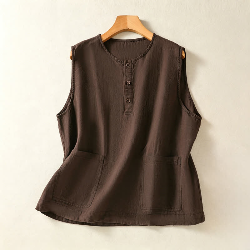 Buddha Stones Débardeur d'été minimaliste et décontracté pour femme, à boutons, uni, sans manches et avec poche plaquée - SaddleBrown - US12, UK/AU16, EU44 (2XL) - image 20