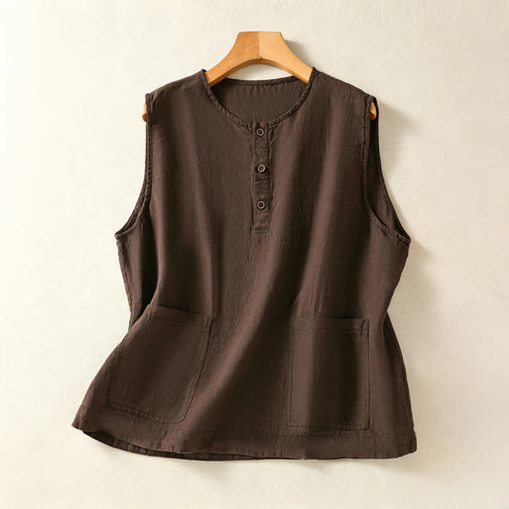 Buddha Stones Débardeur d'été minimaliste et décontracté pour femme, à boutons, uni, sans manches et avec poche plaquée - SaddleBrown - US12, UK/AU16, EU44 (2XL) - image 20