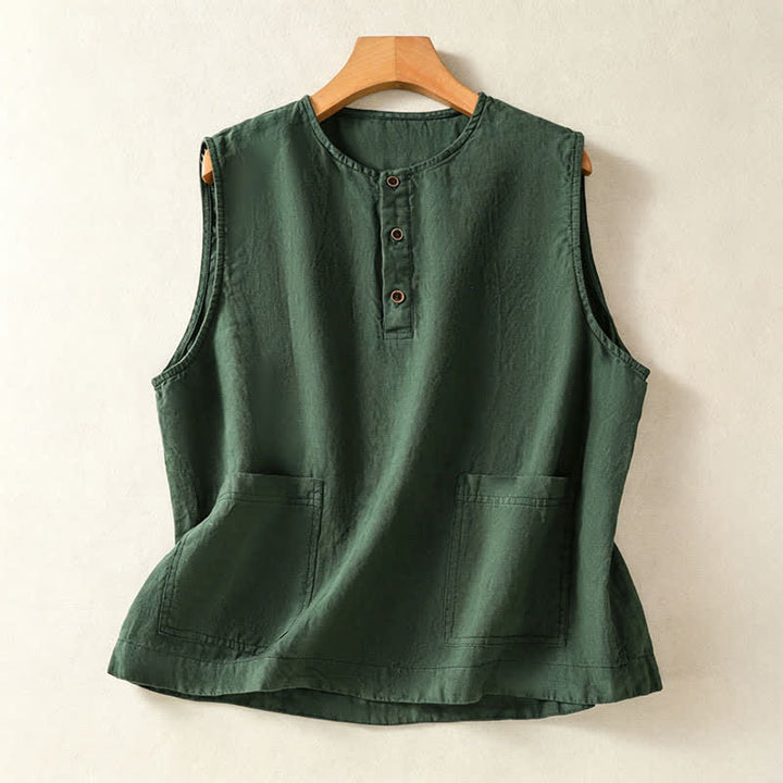 Buddha Stones Débardeur d'été minimaliste et décontracté pour femme, à boutons, uni, sans manches et avec poche plaquée - Vert forêt - US12, UK/AU16, EU44 (2XL) - image 13